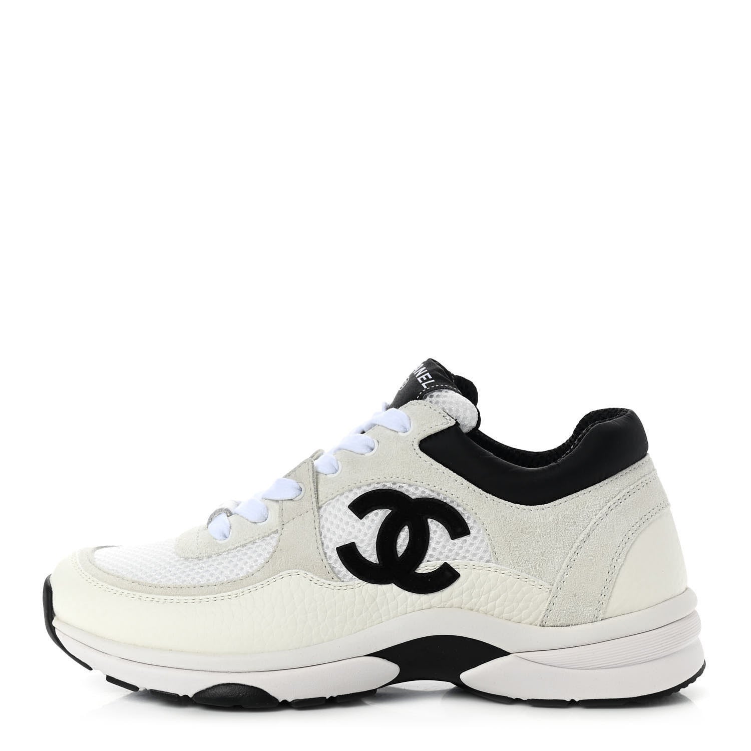 Chanel Mesh Suede Calfskin Grained Calfskin Womens CC Sneakers 39 White Black 1 of 7