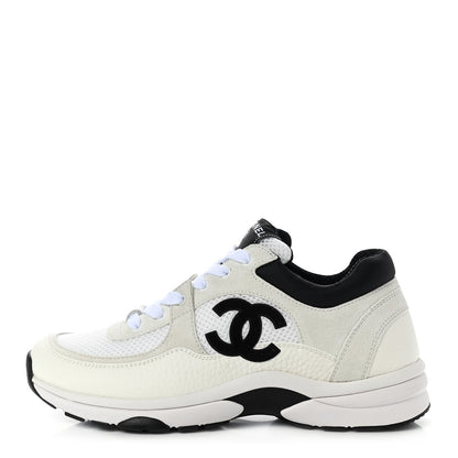 Chanel Mesh Suede Calfskin Grained Calfskin Womens CC Sneakers 39 White Black 1 of 7
