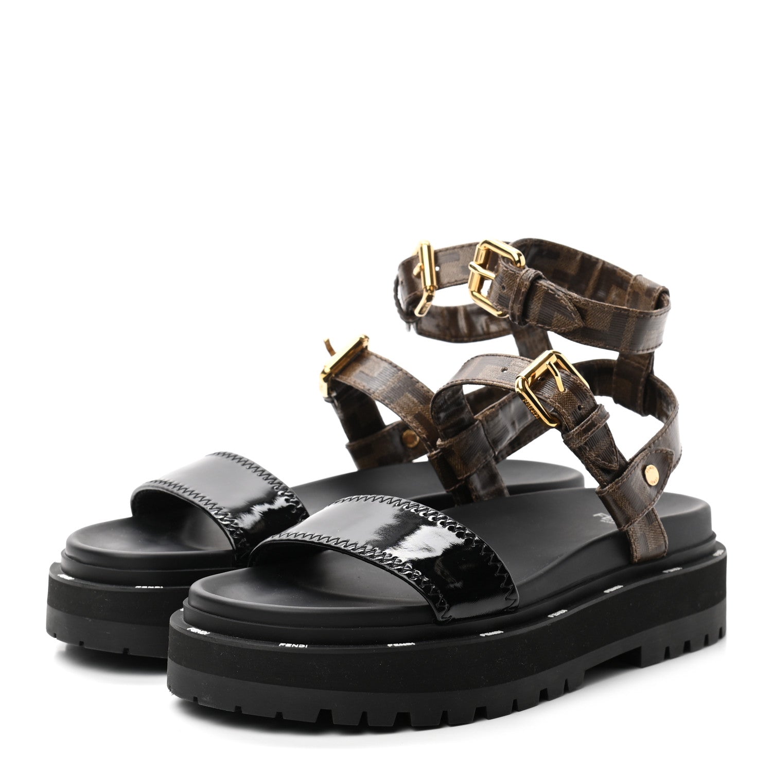 Fendi Vernice High-Tech Glazed Fabric FF Lug Sole Platform Sandals 39 Black Tobacco Moro 6 of 15