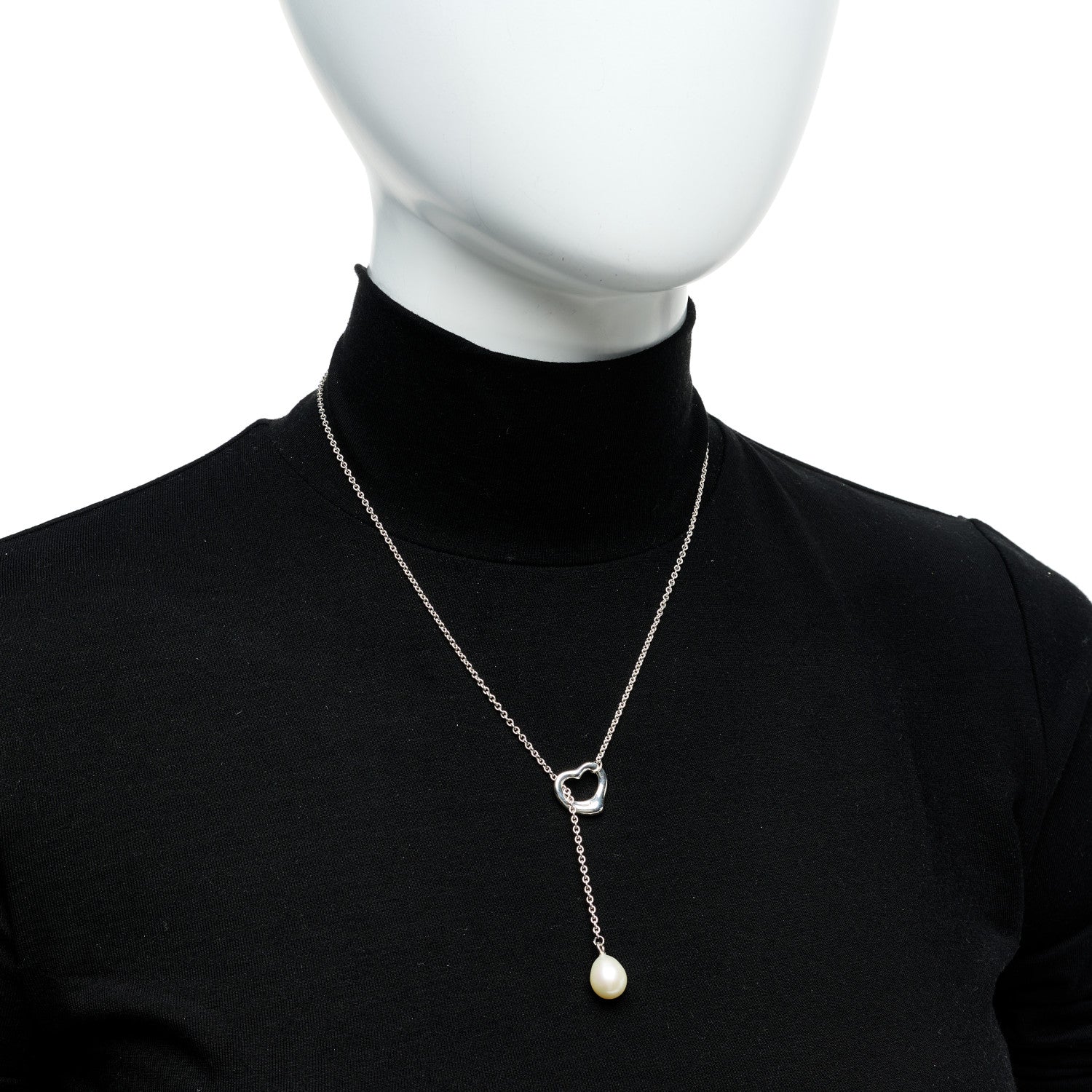 Tiffany Sterling Silver Cultured Pearl 9.5-11.5mm Elsa Peretti Open Heart Lariat Necklace 2 of 5