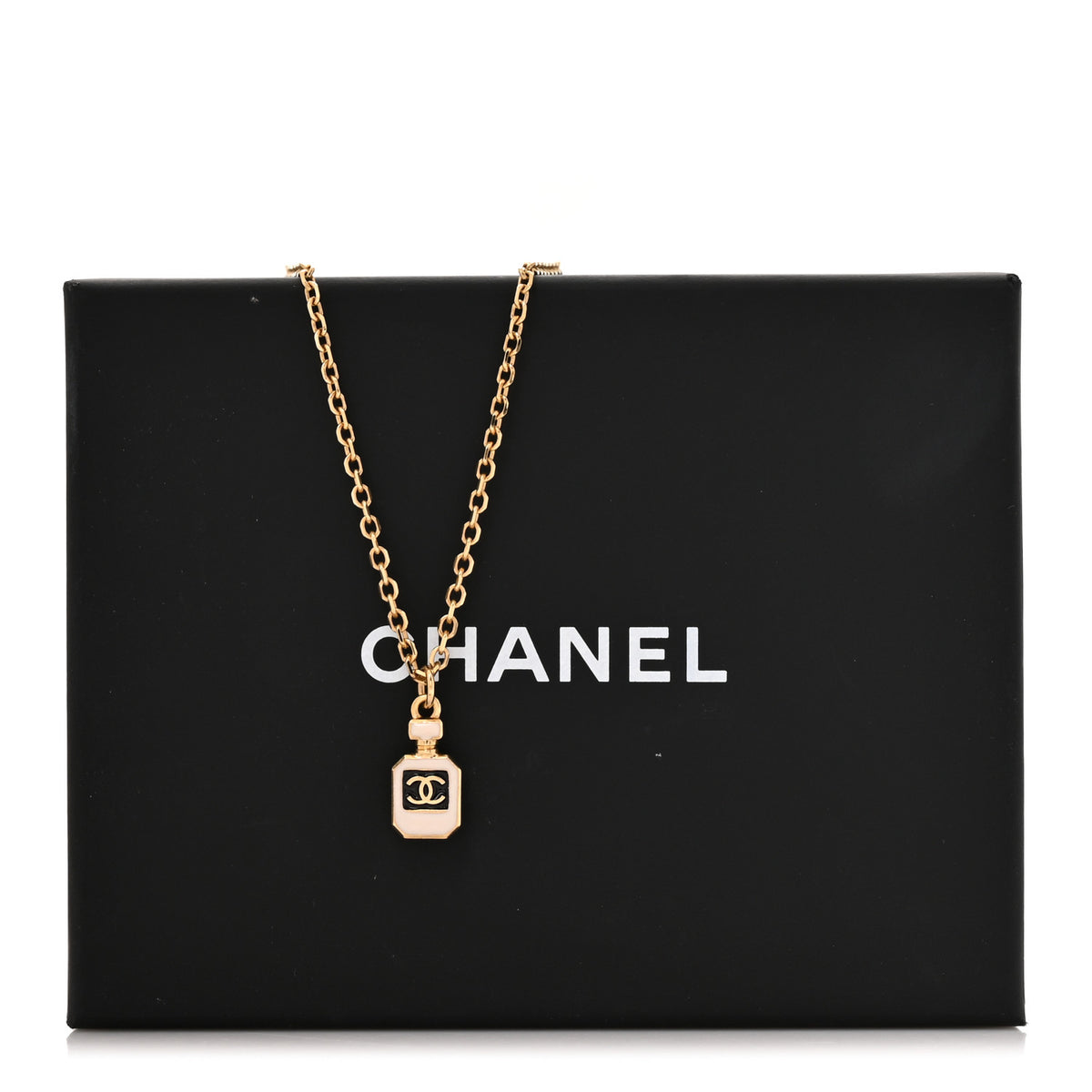 Metal Crystal CC Perfume Bottle Necklace Gold White