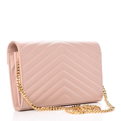 Saint Laurent Grain De Poudre Matelasse Chevron Monogram Chain Wallet Pale Pink 3 of 11
