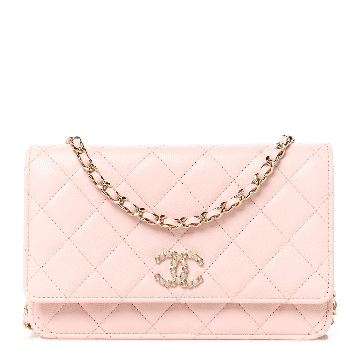 Shiny Caviar Enamel Quilted CC Wallet On Chain WOC Light Pink