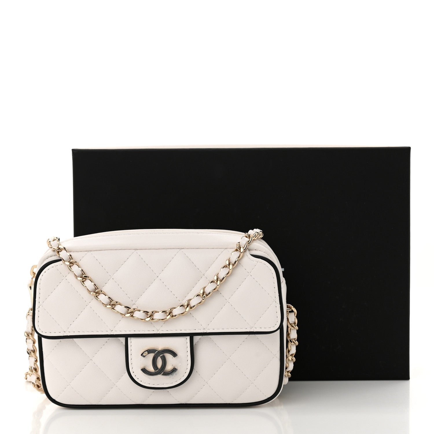 Chanel Lambskin Quilted Small Camera Case White Black 11 of 11