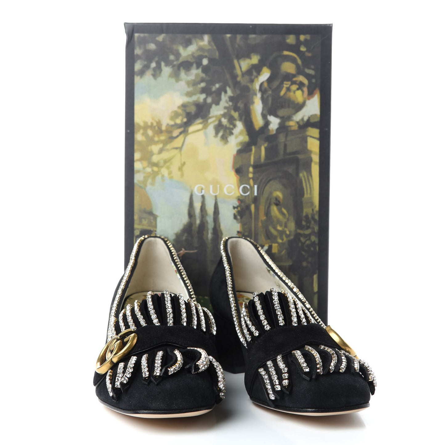 Kid Scamosciato Crystal GG Marmont Fringe 50mm Loafer Pumps 38 Black