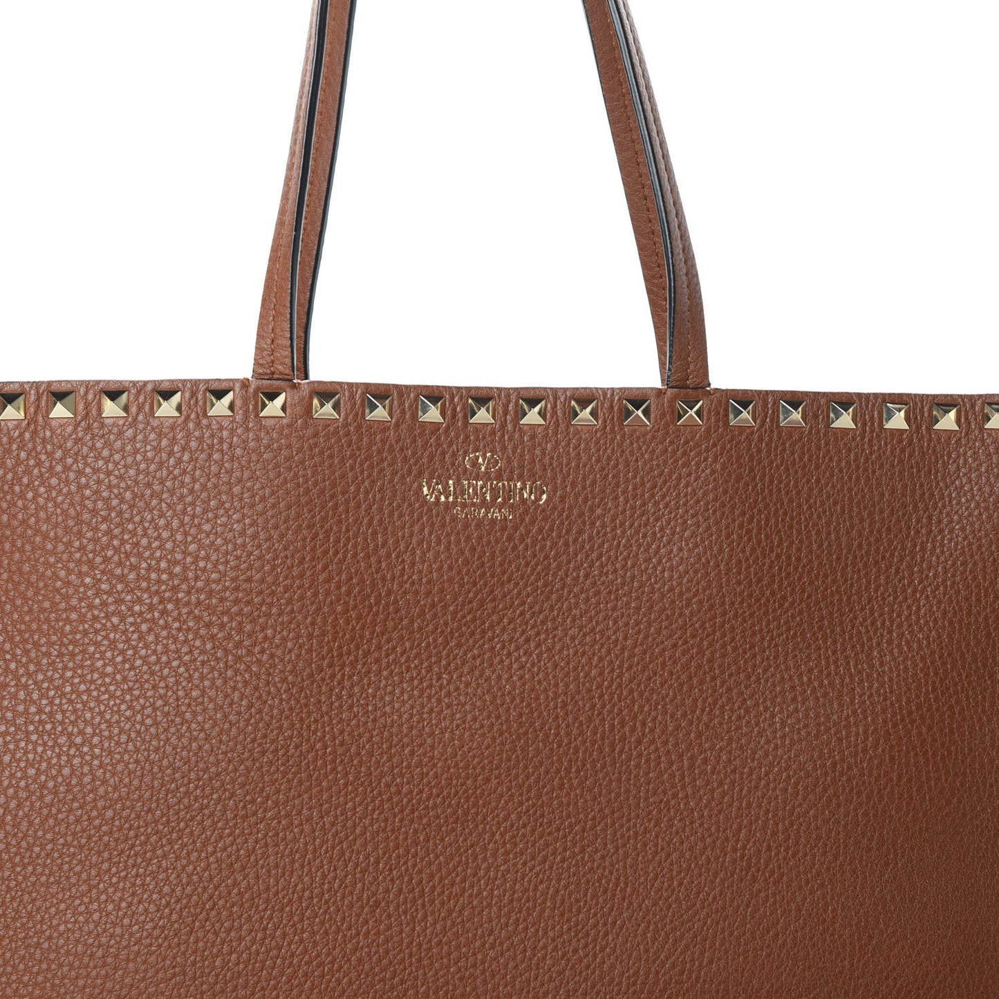 Grained Calfskin Rockstud Shoulder Tote Bright Cognac