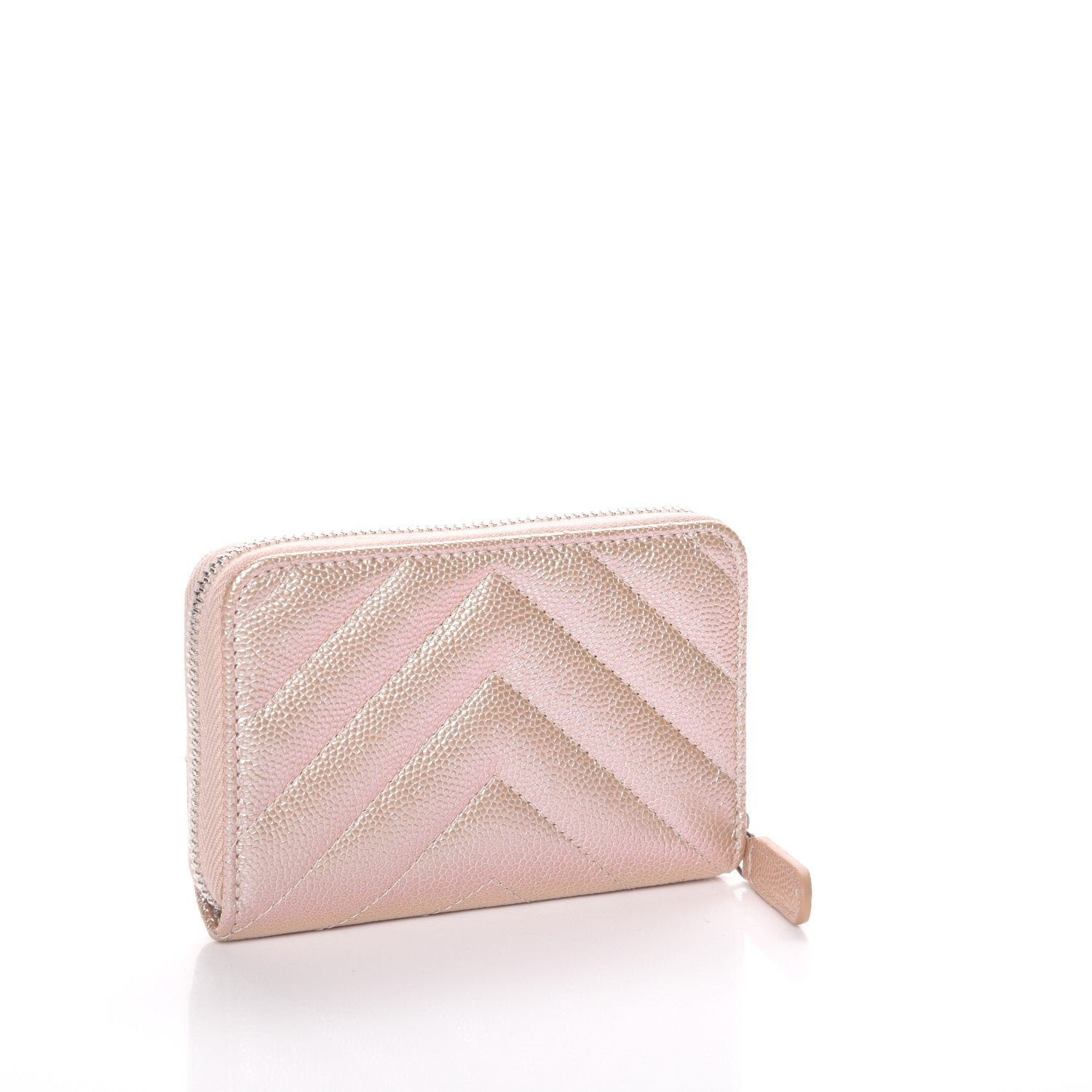 Chanel Metallic Caviar Chevron Quilted Zip Around Coin Purse Light Gold 3 of 8
