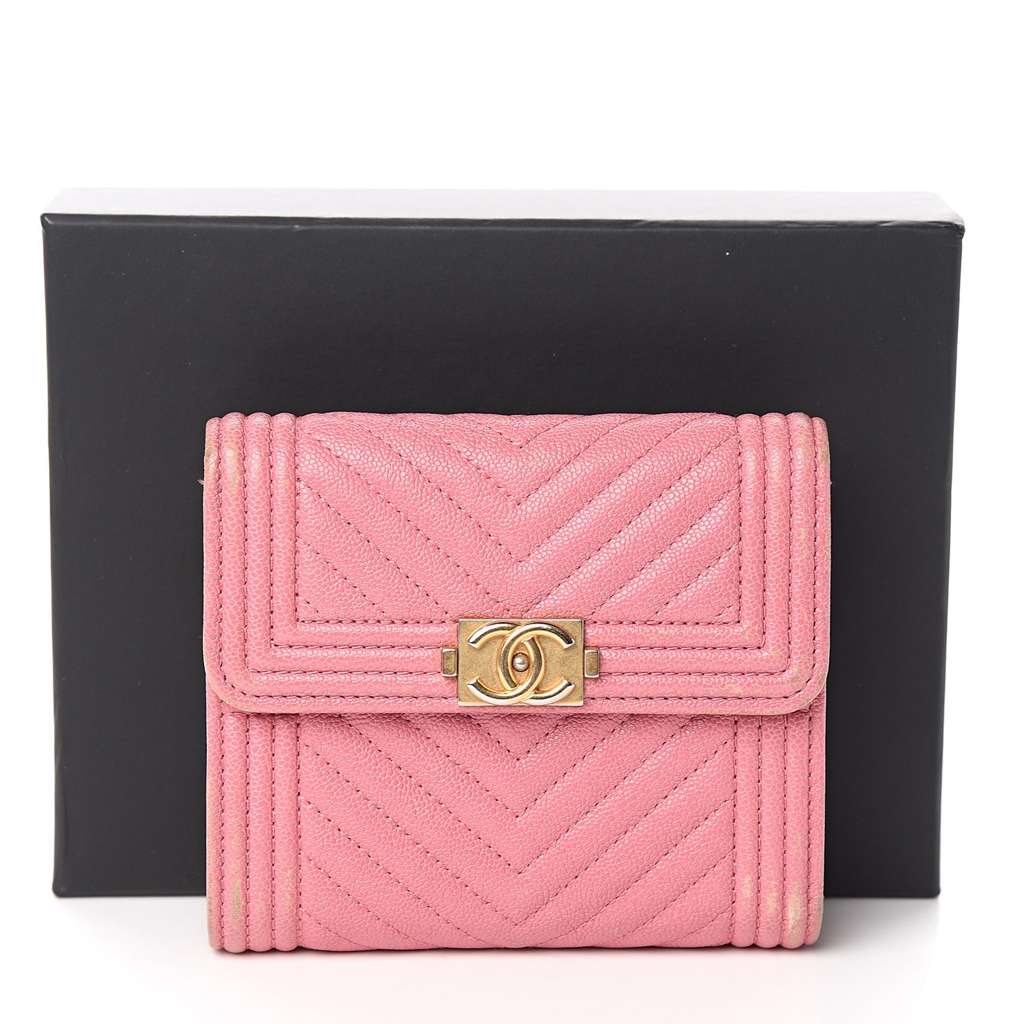 Iridescent Caviar Chevron Quilted Boy Compact Wallet Dark Pink