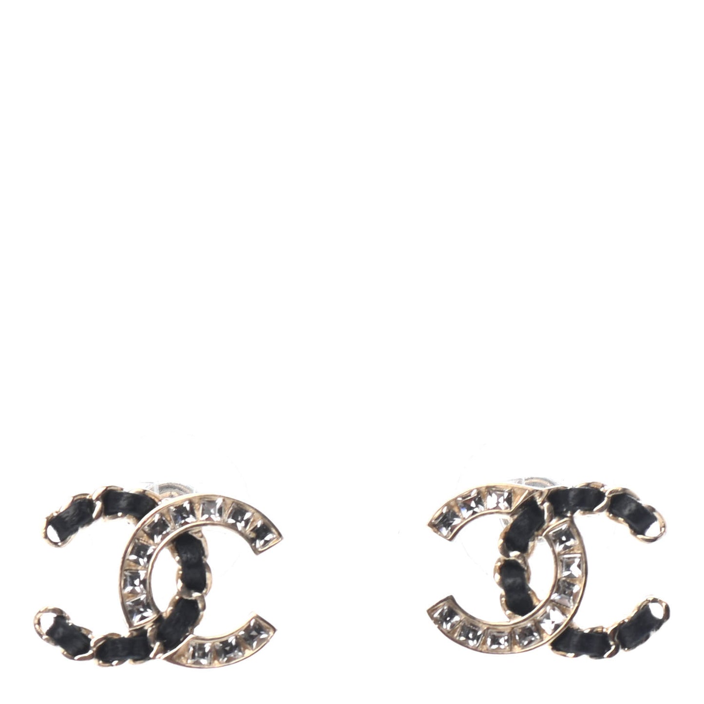 Crystal Baguette Lambskin Chain CC Vintage Allure Stud Earrings Black Gold
