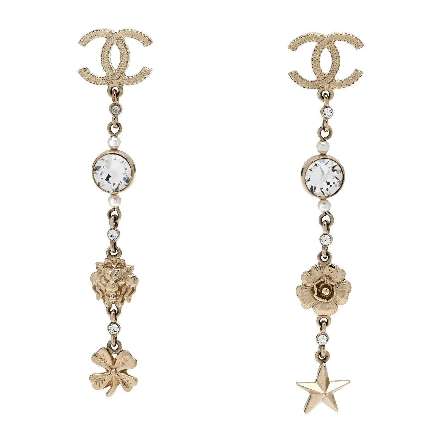Crystal Pearl CC Charms Drop Earrings Gold