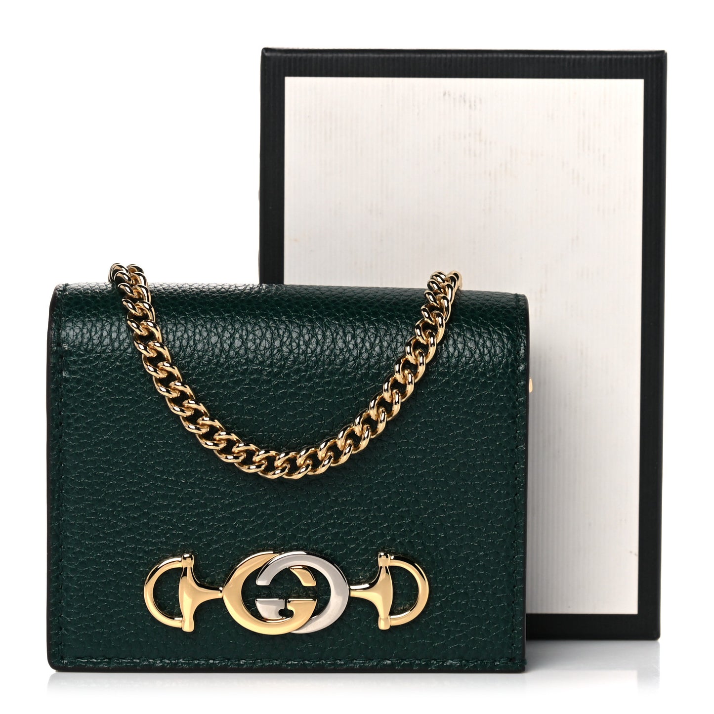 Grainy Calfskin Zumi Chain Card Case Wallet Vintage Green