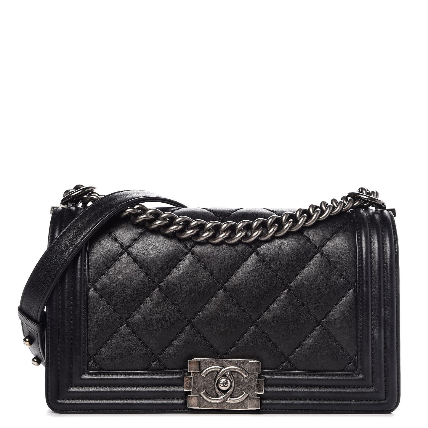 Calfskin Double Stitch Medium Boy Flap Black