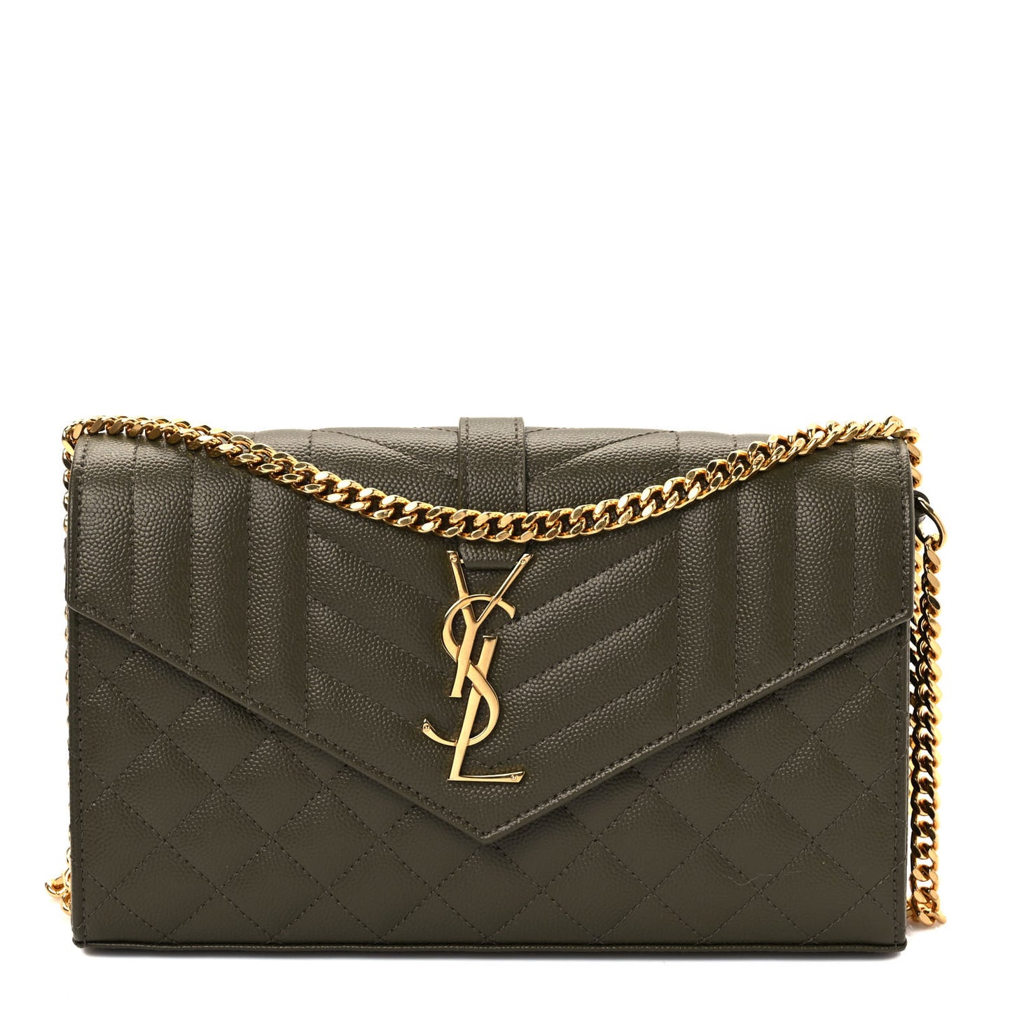 Grain De Poudre Mixed Matelasse Triquilt Monogram Chain Wallet Kaki