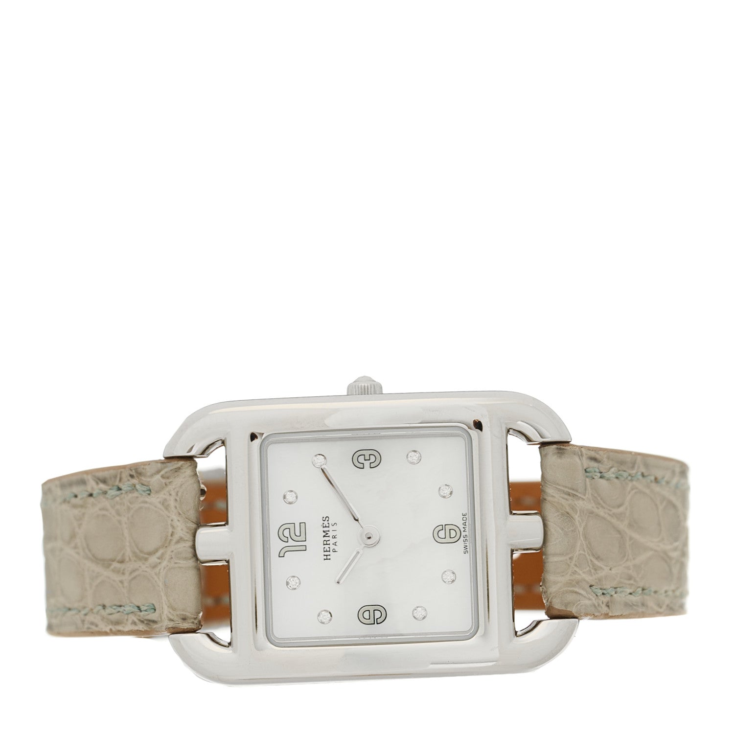 Hermes Stainless Steel Alligator Diamond Mother of Pearl 23mm Cape Cod Quartz Watch Gris Perle 2 of 5