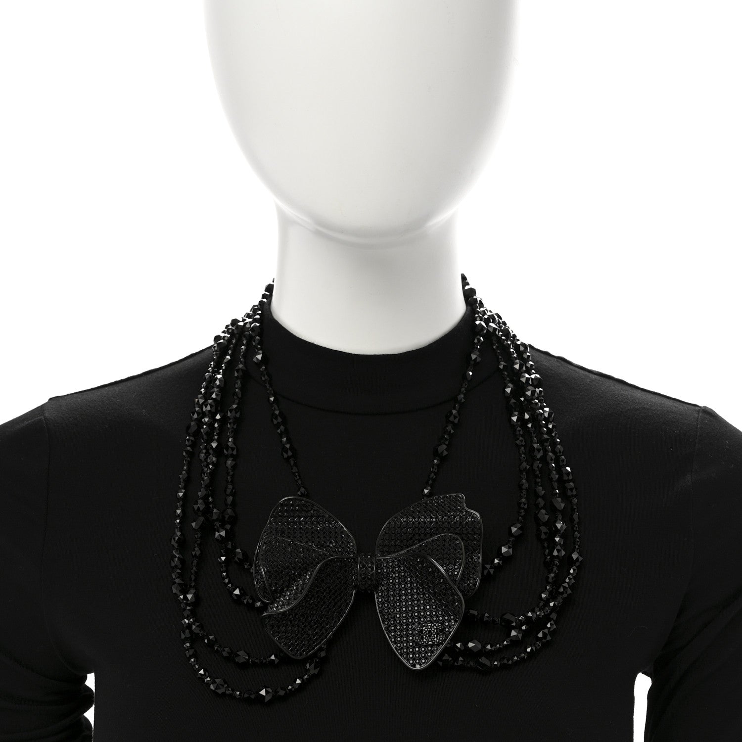 Chanel Crystal Beaded CC Bow Multi Strand Necklace Black 2 of 7
