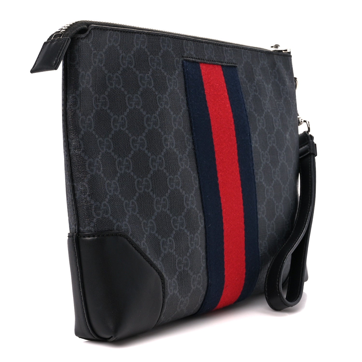 Gucci GG Supreme Monogram Calfskin Web Flat Wristlet Black Grey 3 of 12