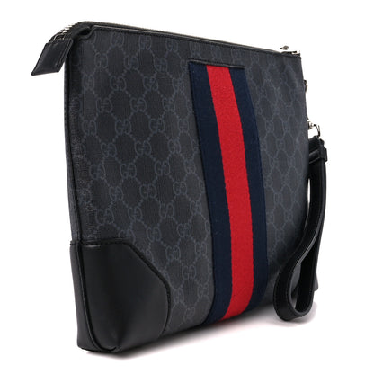 Gucci GG Supreme Monogram Calfskin Web Flat Wristlet Black Grey 3 of 12