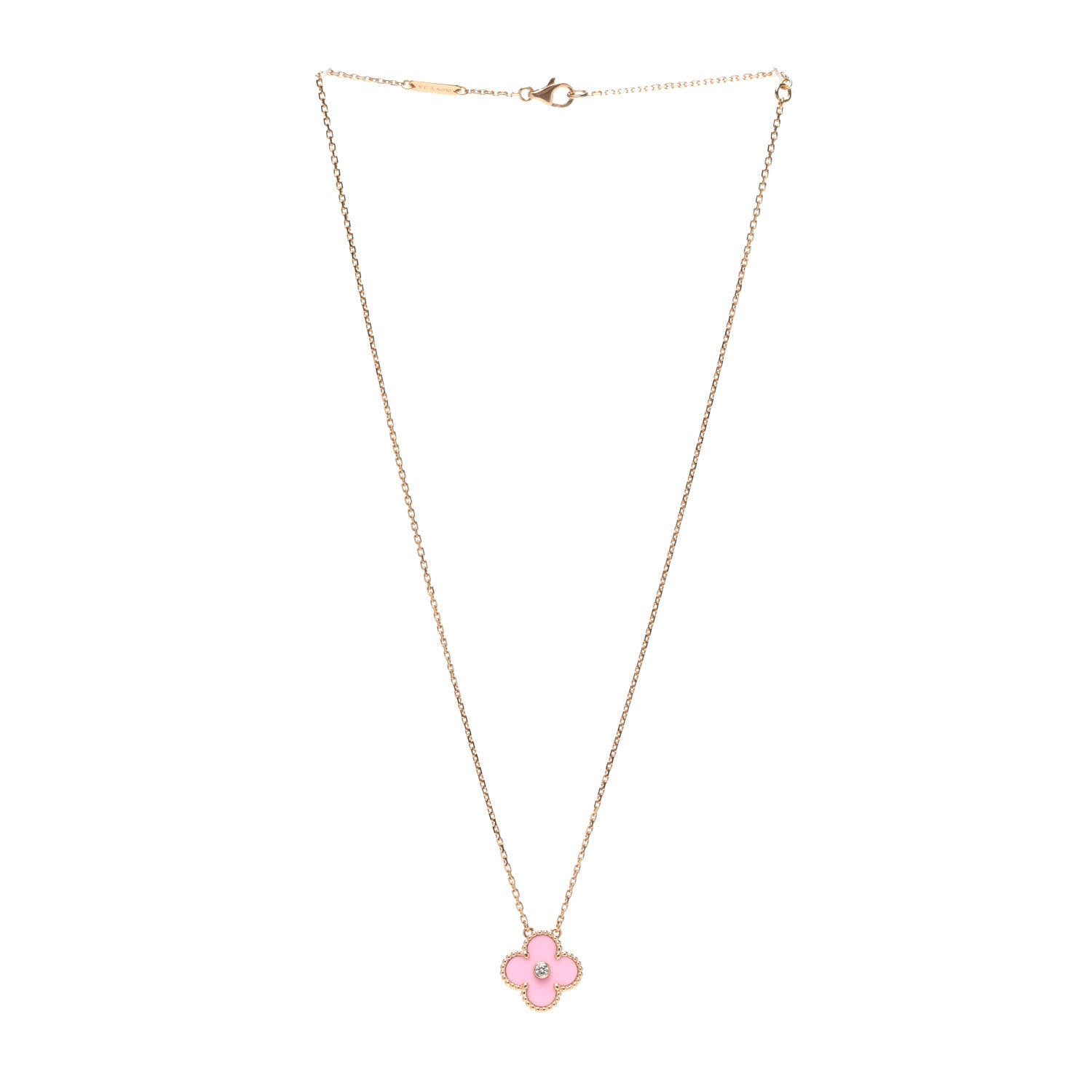 Van Cleef & Arpels 18K Rose Gold Diamond Pink Porcelain Vintage Alhambra Pendant Necklace 3 of 9