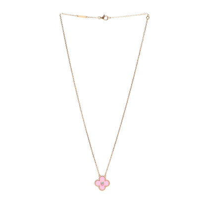Van Cleef & Arpels 18K Rose Gold Diamond Pink Porcelain Vintage Alhambra Pendant Necklace 3 of 9