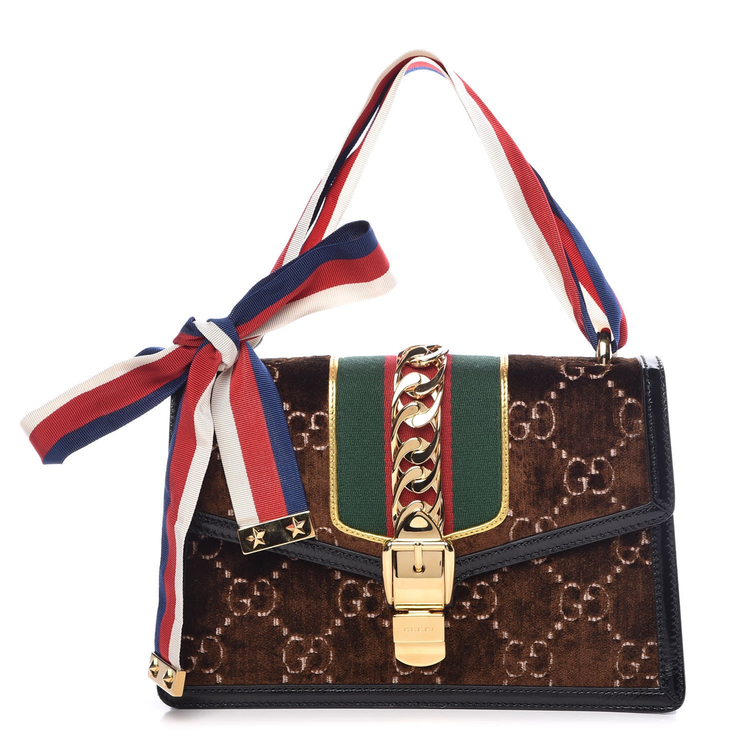 Gucci Velvet GG Monogram Web Small Sylvie Shoulder Bag Brown Black Oro Vecchio 1 of 8