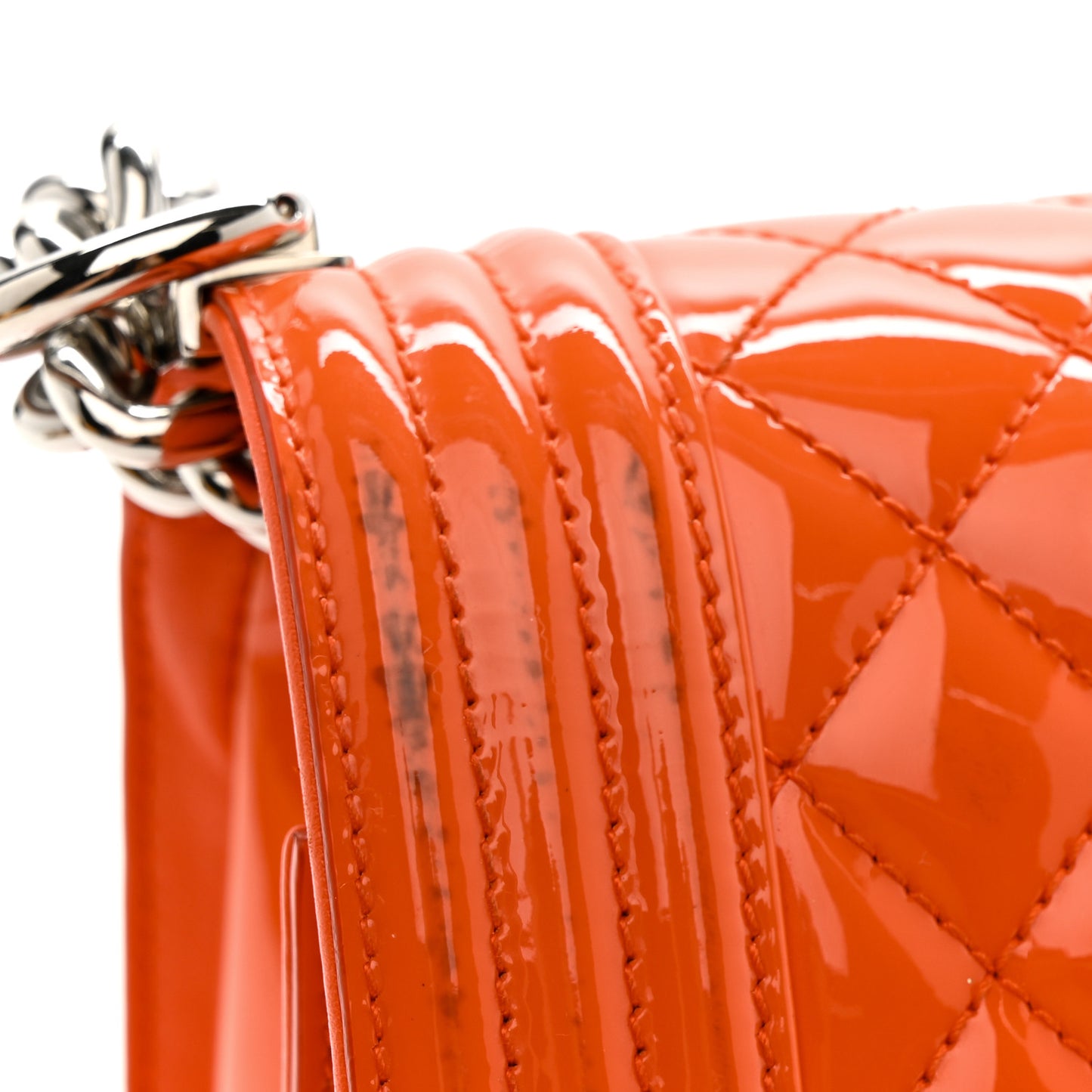 Patent Calfskin Quilted Small Plexiglass Boy Flap Orange