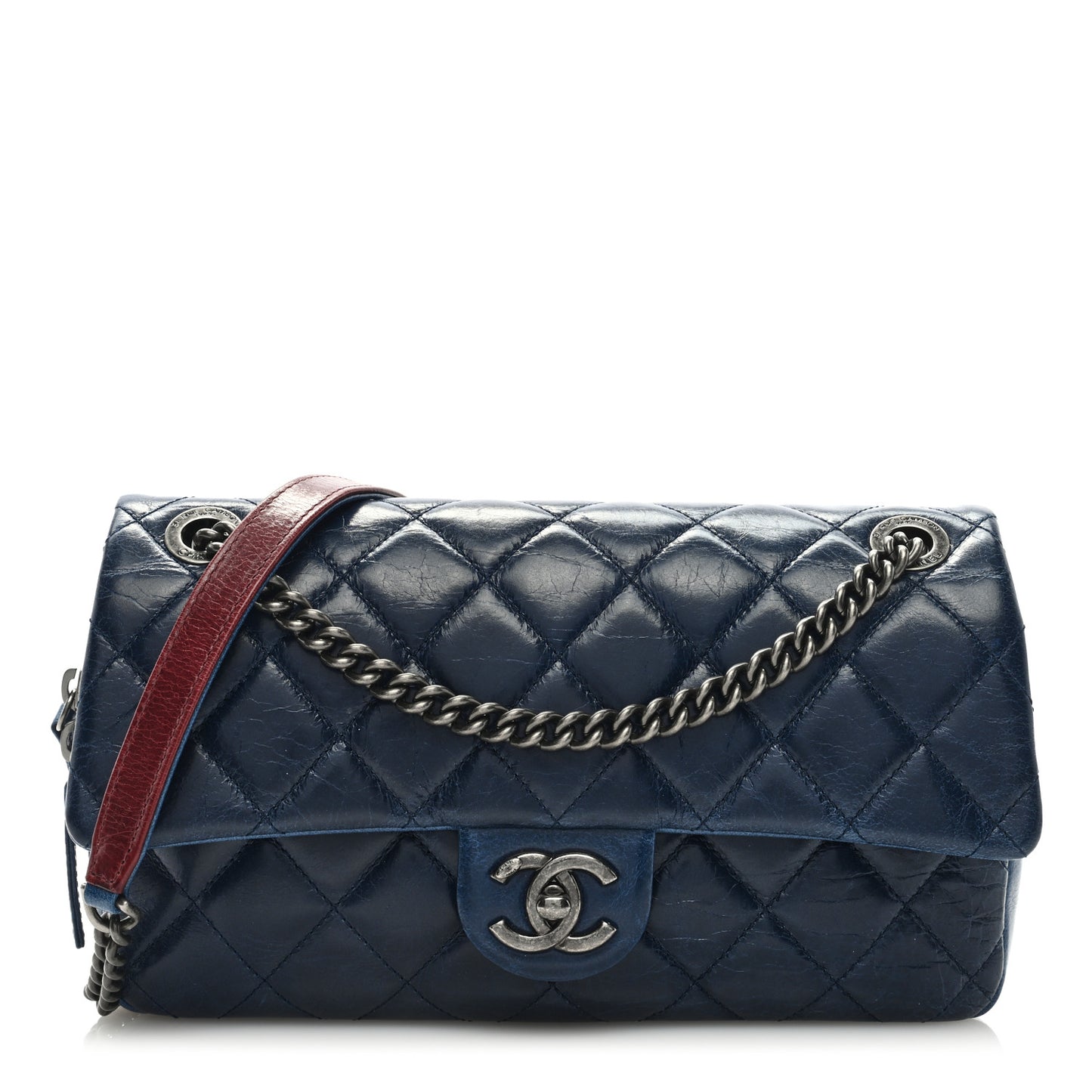 Glazed Calfskin Quilted Medium Duo Color Flap Blue