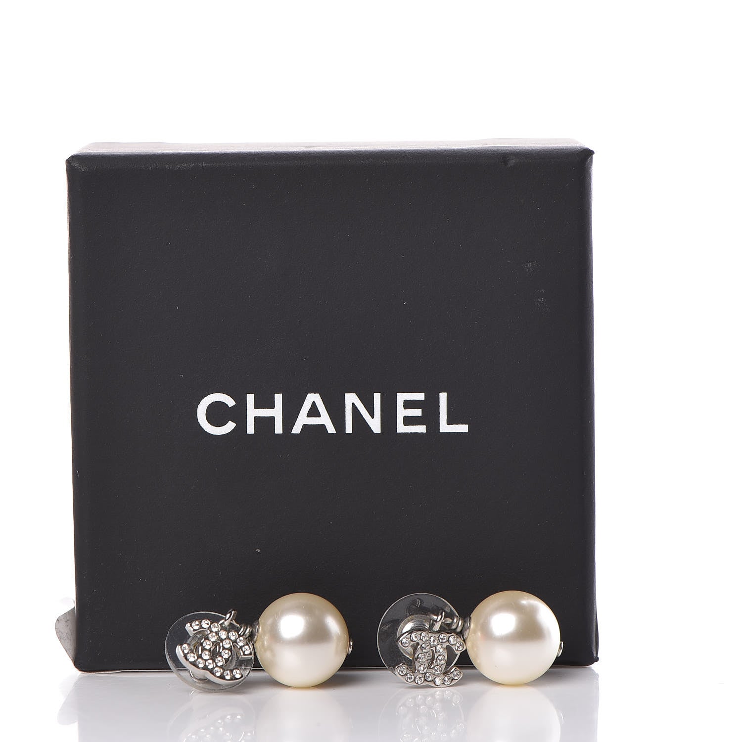 Chanel Crystal Pearl CC Drop Earrings Silver Pearly White 5 of 5
