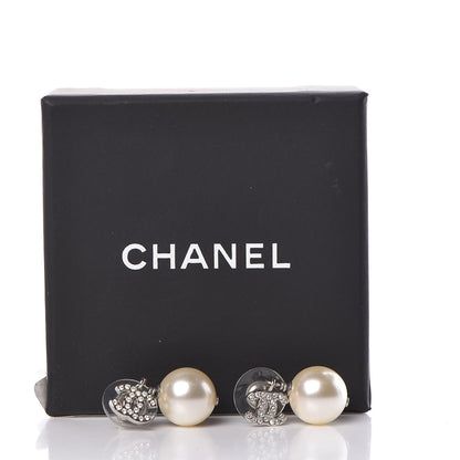 Chanel Crystal Pearl CC Drop Earrings Silver Pearly White 5 of 5