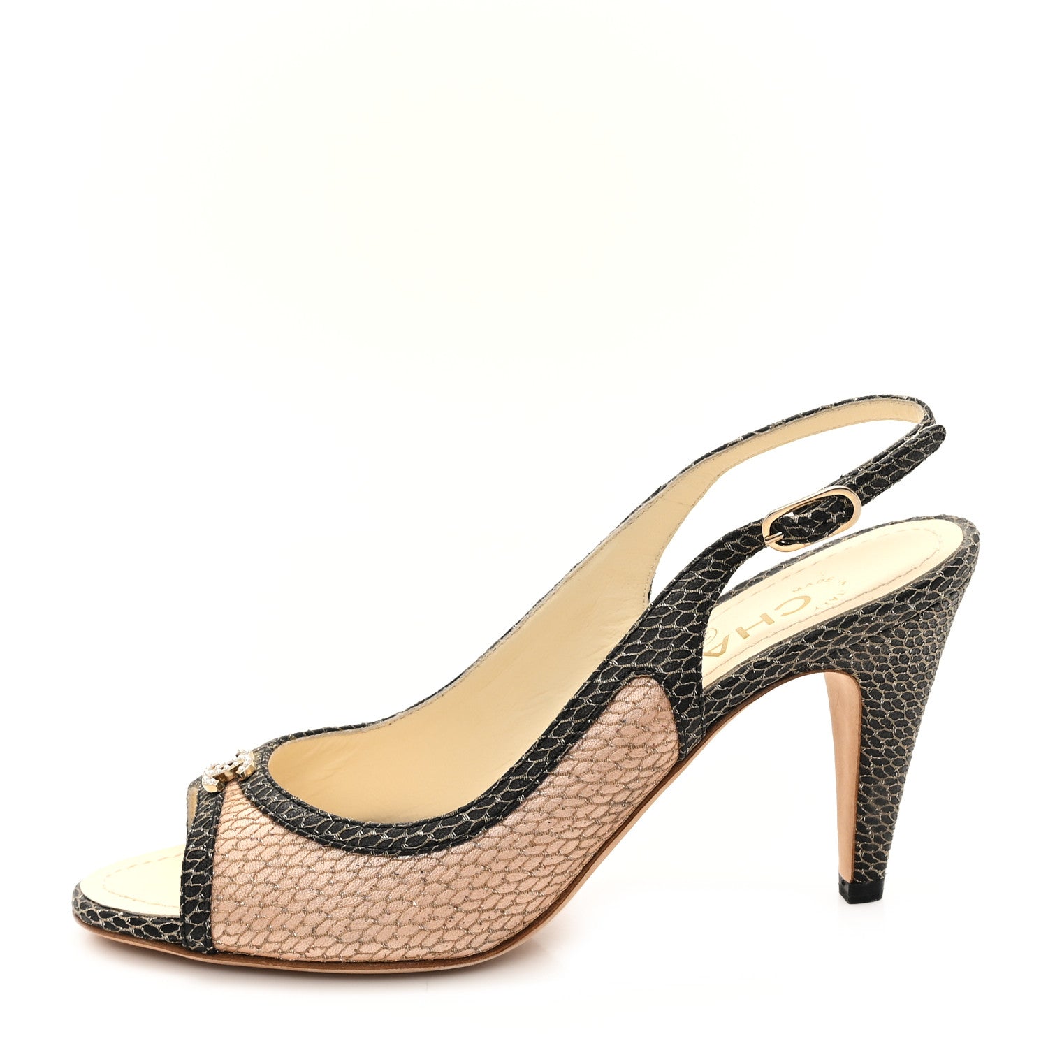Chanel Calfskin Mesh Pearl CC Peep Toe Slingback Pumps 36 Salmon Black 1 of 9