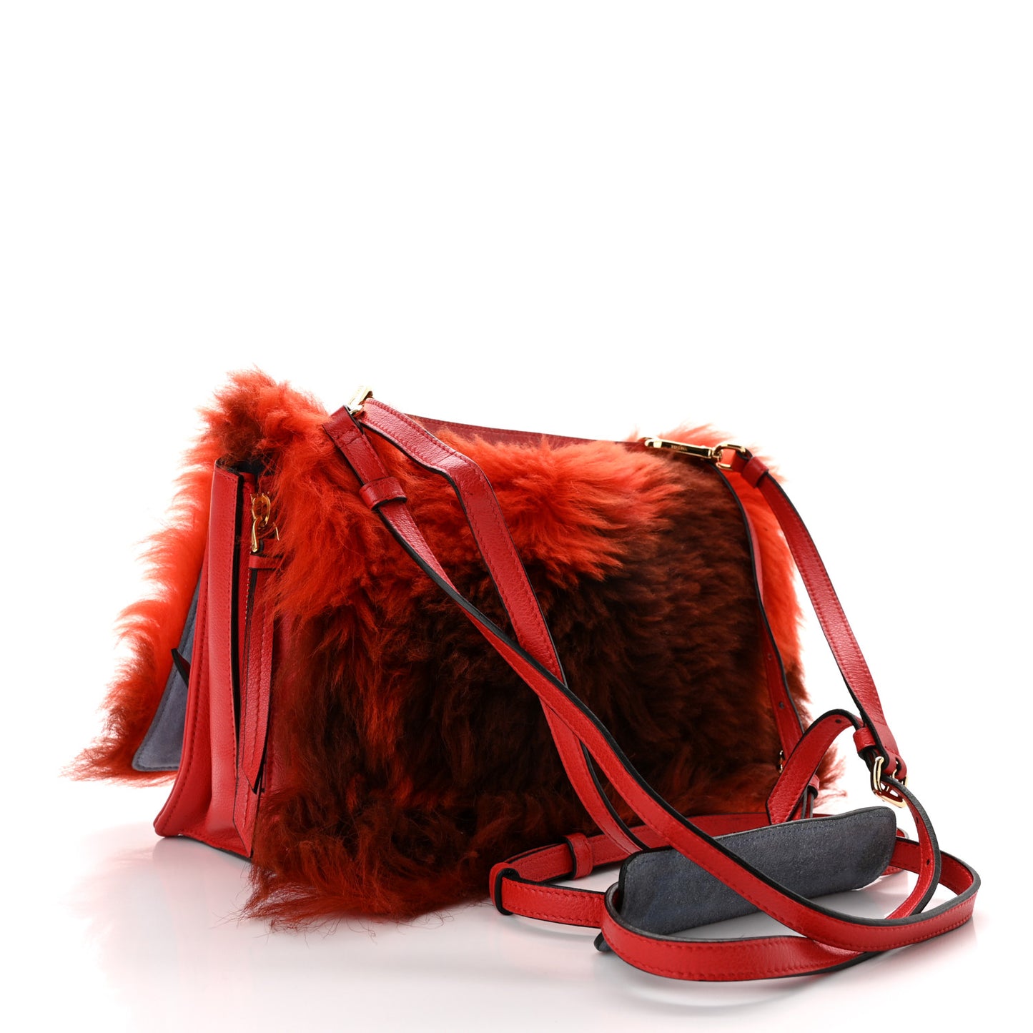 Shearling Fur Calfskin Suede Shoulder Bag Red