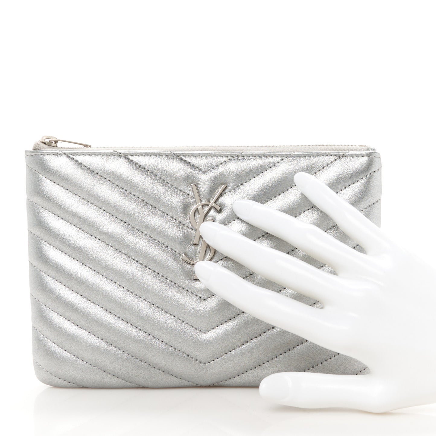 Metallic Calfskin Matelasse Chevron Monogram Pouch Silver