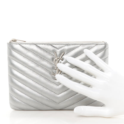 Saint Laurent Metallic Calfskin Matelasse Chevron Monogram Pouch Silver 2 of 9