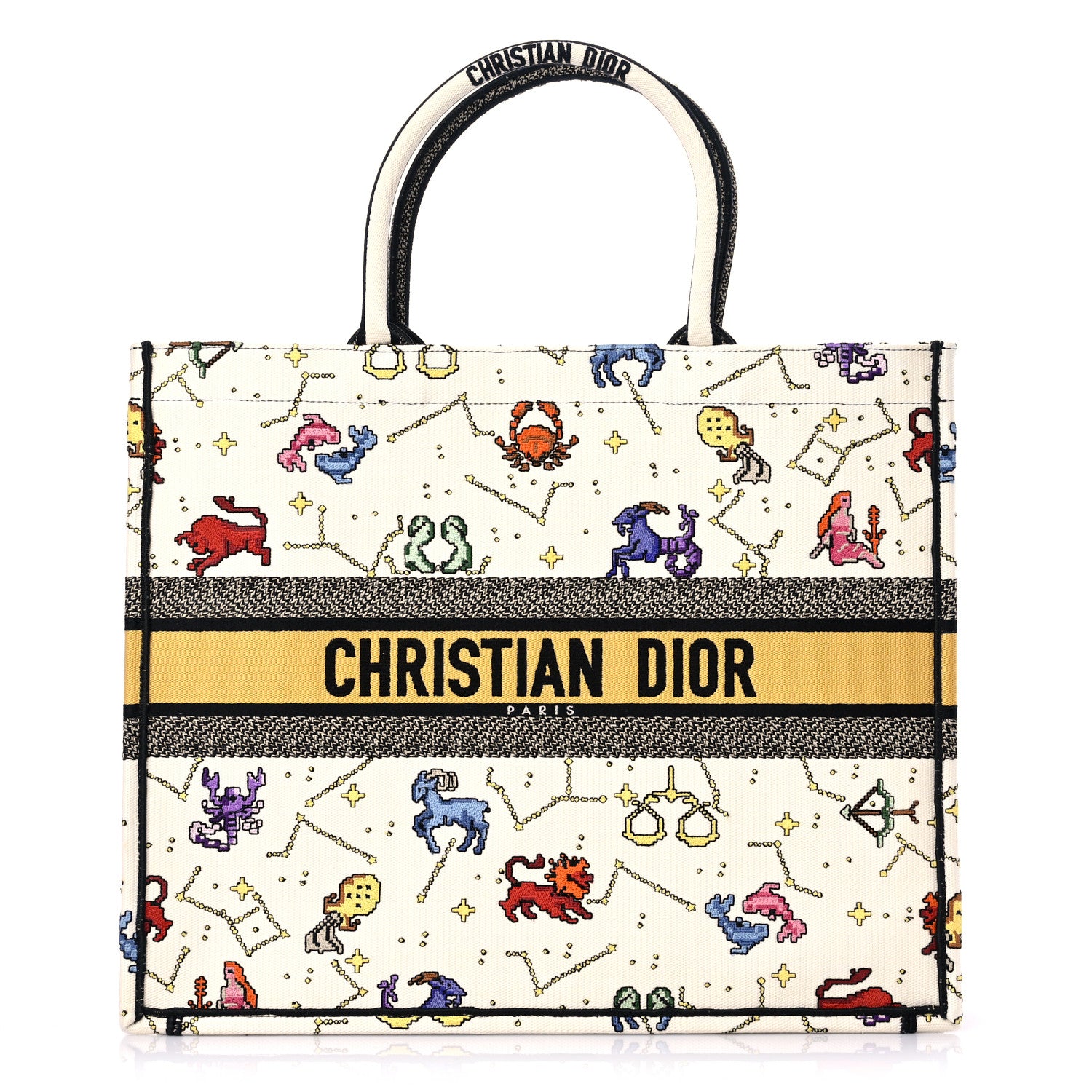Christian Dior Canvas Embroidered Large Pixel Zodiac Book Tote Latte Multicolor 1 of 12