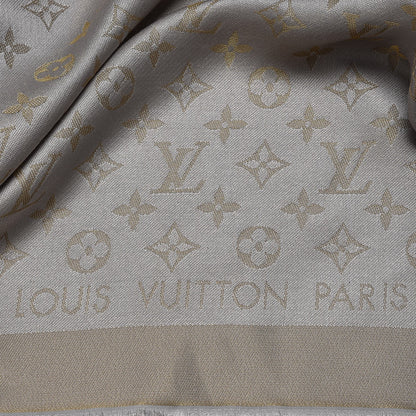 Louis Vuitton Silk Wool Monogram Shine Shawl Charcoal Greige 3 of 7