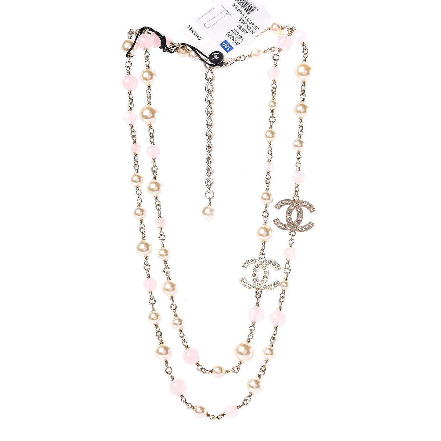 Pearl Bead CC Long Necklace Pink Gold