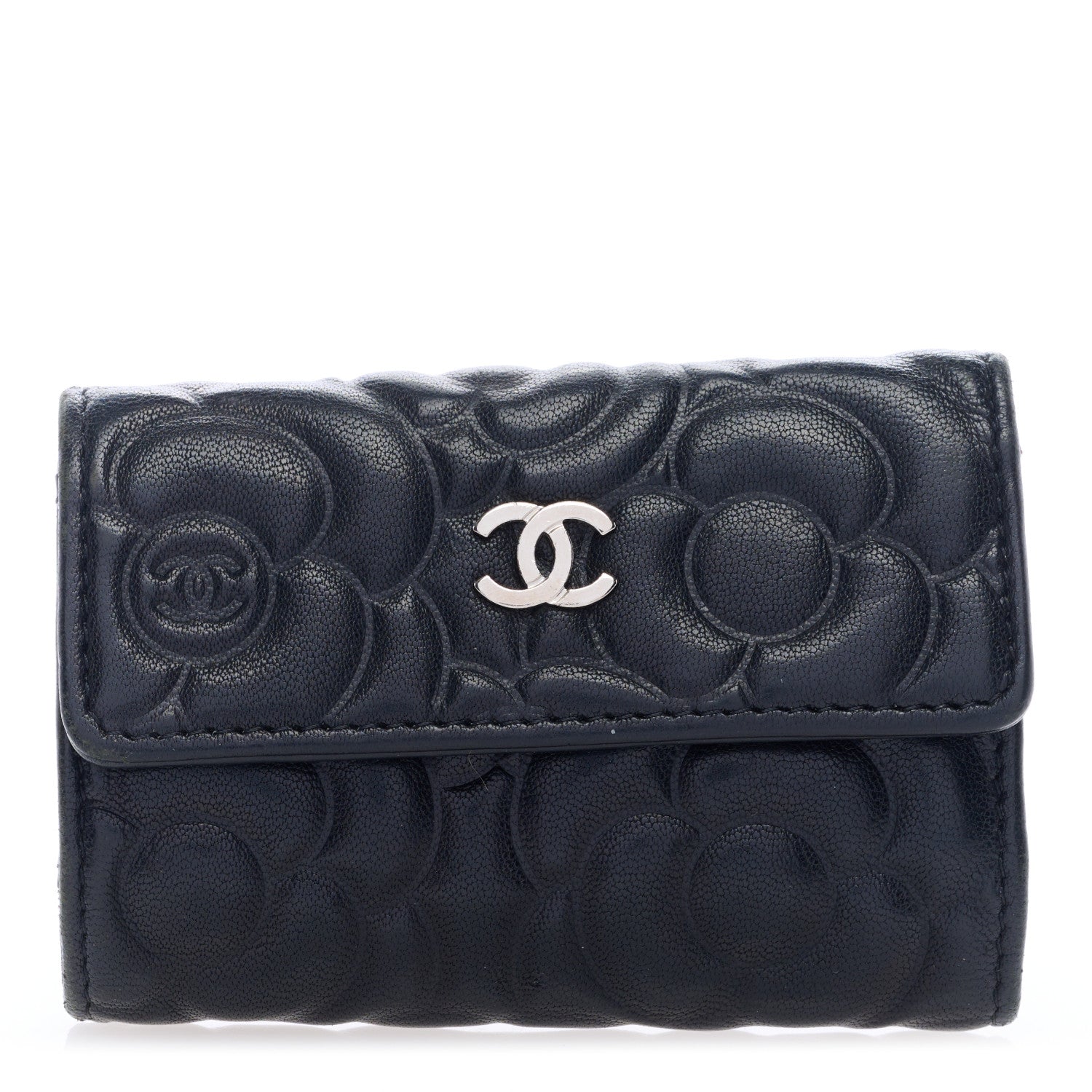 Chanel Goatskin Camellia Embossed 4 Key Holder Black 1 of 6