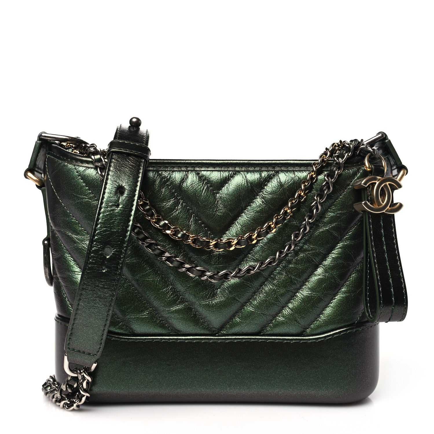 Chanel Metallic Aged Calfskin Chevron Quilted Small Gabrielle Hobo Green 1 of 11