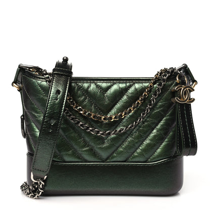 Chanel Metallic Aged Calfskin Chevron Quilted Small Gabrielle Hobo Green 1 of 11