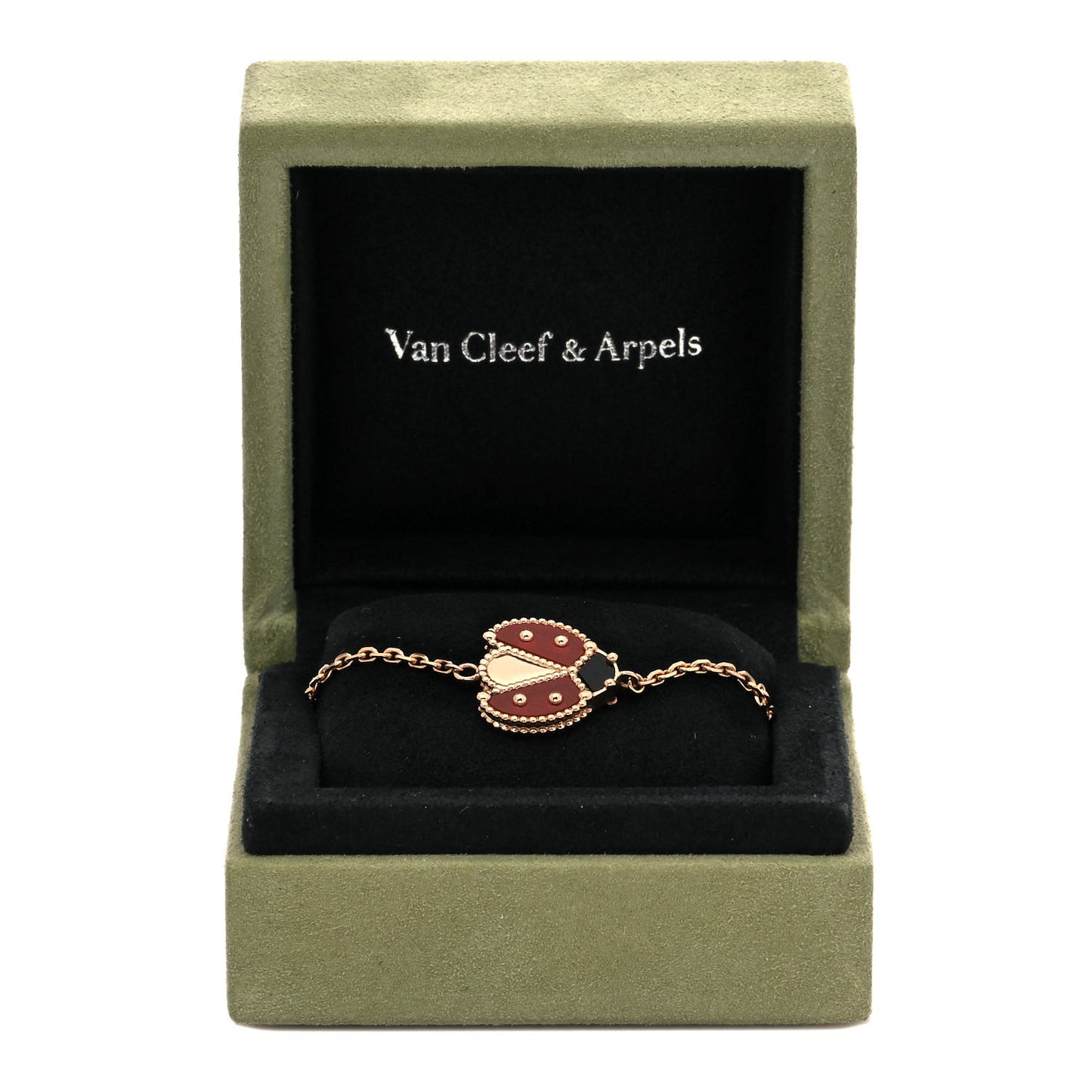 18K Rose Gold Carnelian Onyx Lucky Spring Open Wing Lady Bug Bracelet