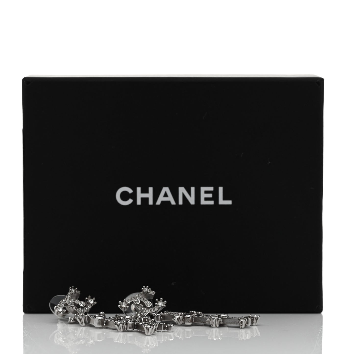 Crystal Cha-Nel Logo Drop Earrings Silver