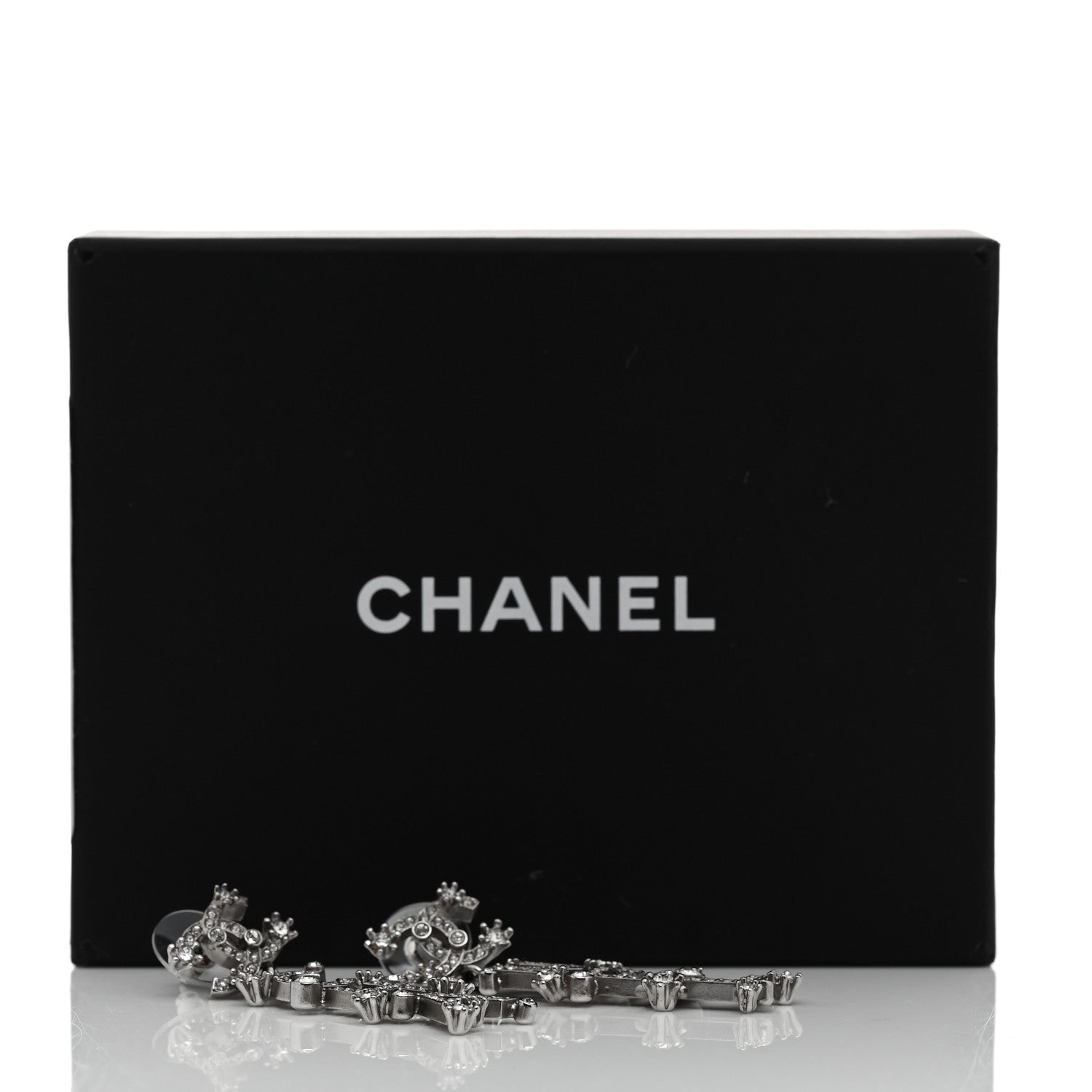Chanel Crystal Cha-Nel Logo Drop Earrings Silver 5 of 5