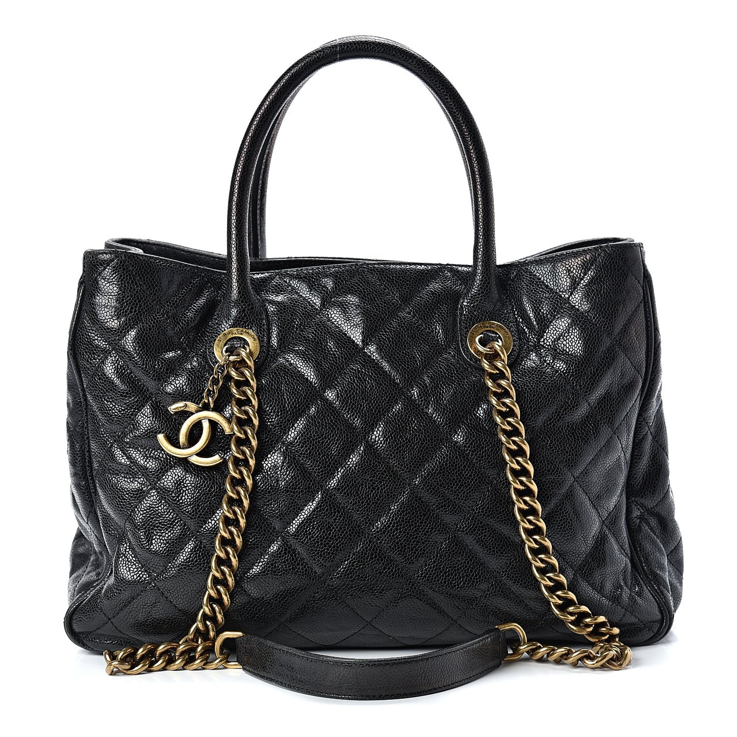 Crumpled Grained Calfskin Quilted CC Crave Tote Black