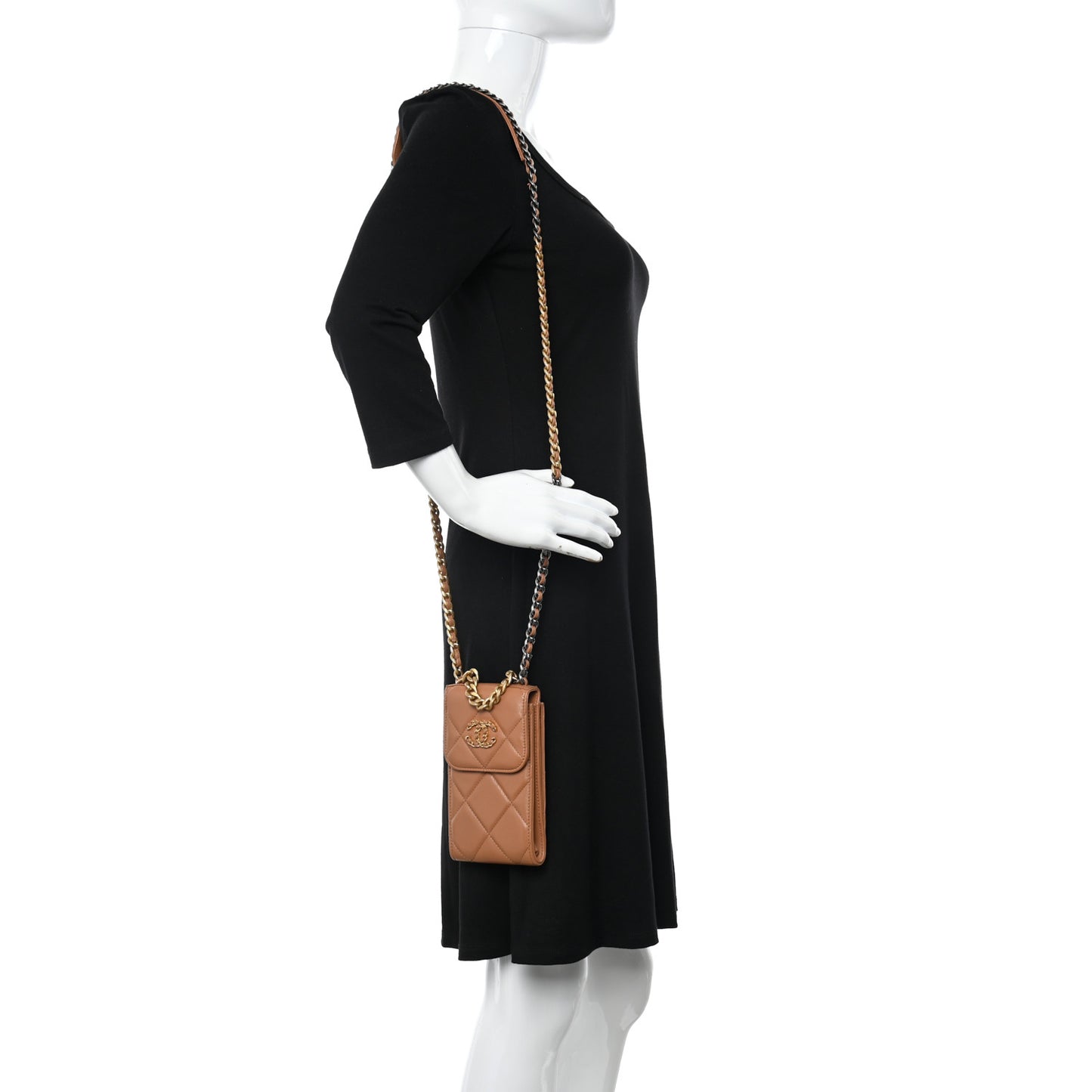 Lambskin Quilted Chanel 19 Phone Holder With Chain Brown