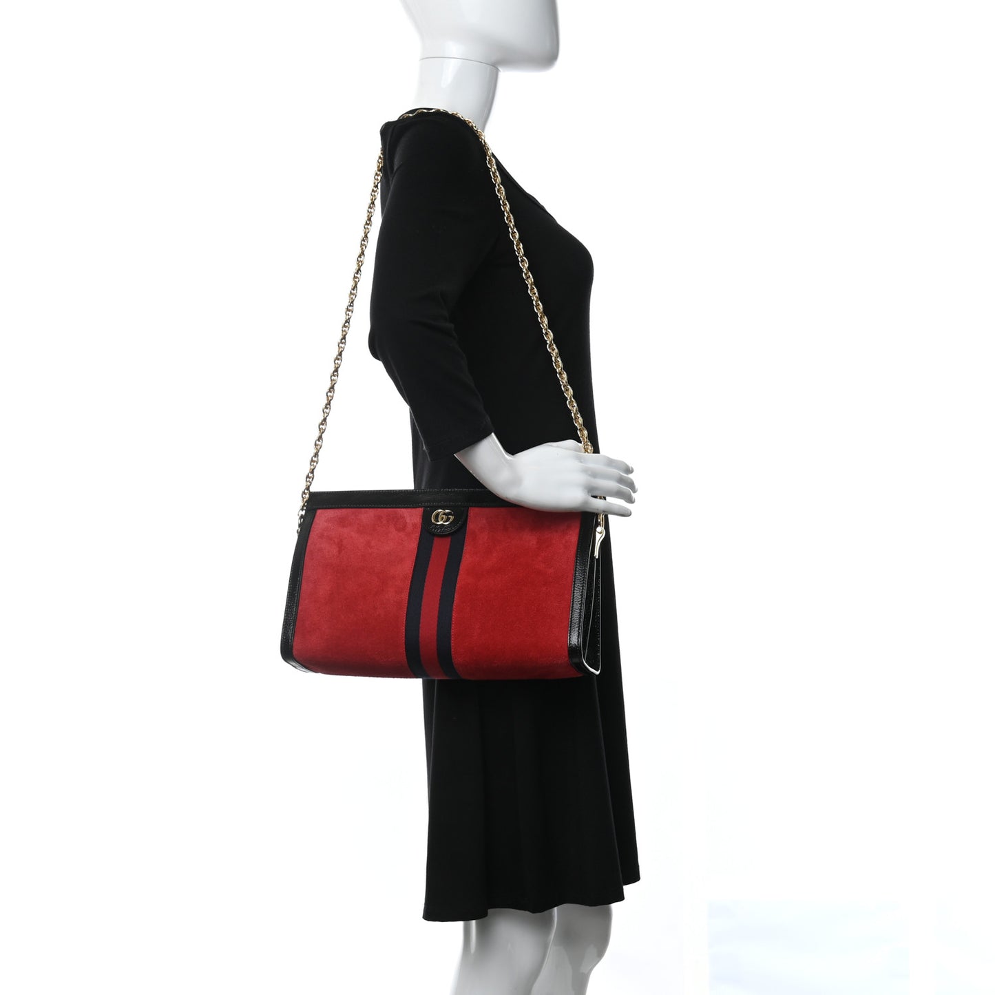 Suede Patent Web Medium Ophidia Chain Shoulder Bag Hibiscus Red Black