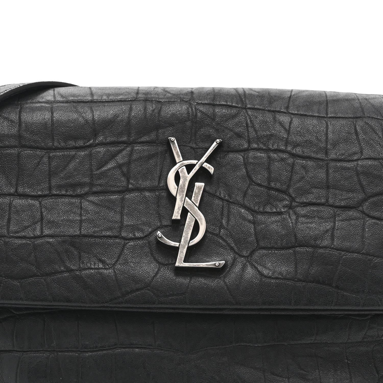 Saint Laurent Calfskin Crocodile Embossed Medium West Hollywood Monogram Fold-Over Black 8 of 10