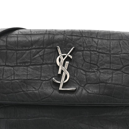 Saint Laurent Calfskin Crocodile Embossed Medium West Hollywood Monogram Fold-Over Black 8 of 10