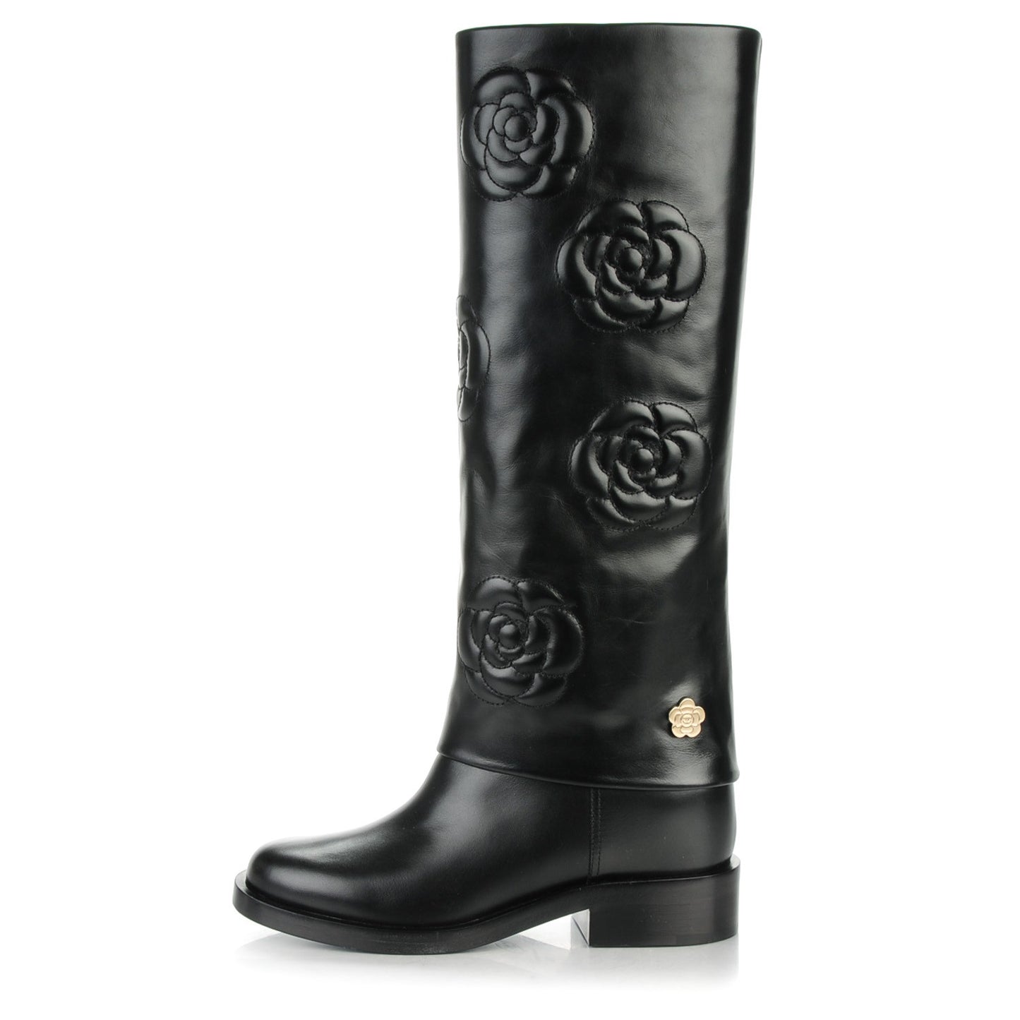 Calfskin Camellia High Boots 36 Black