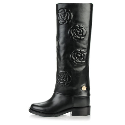 Chanel Calfskin Camellia High Boots 36 Black 1 of 8
