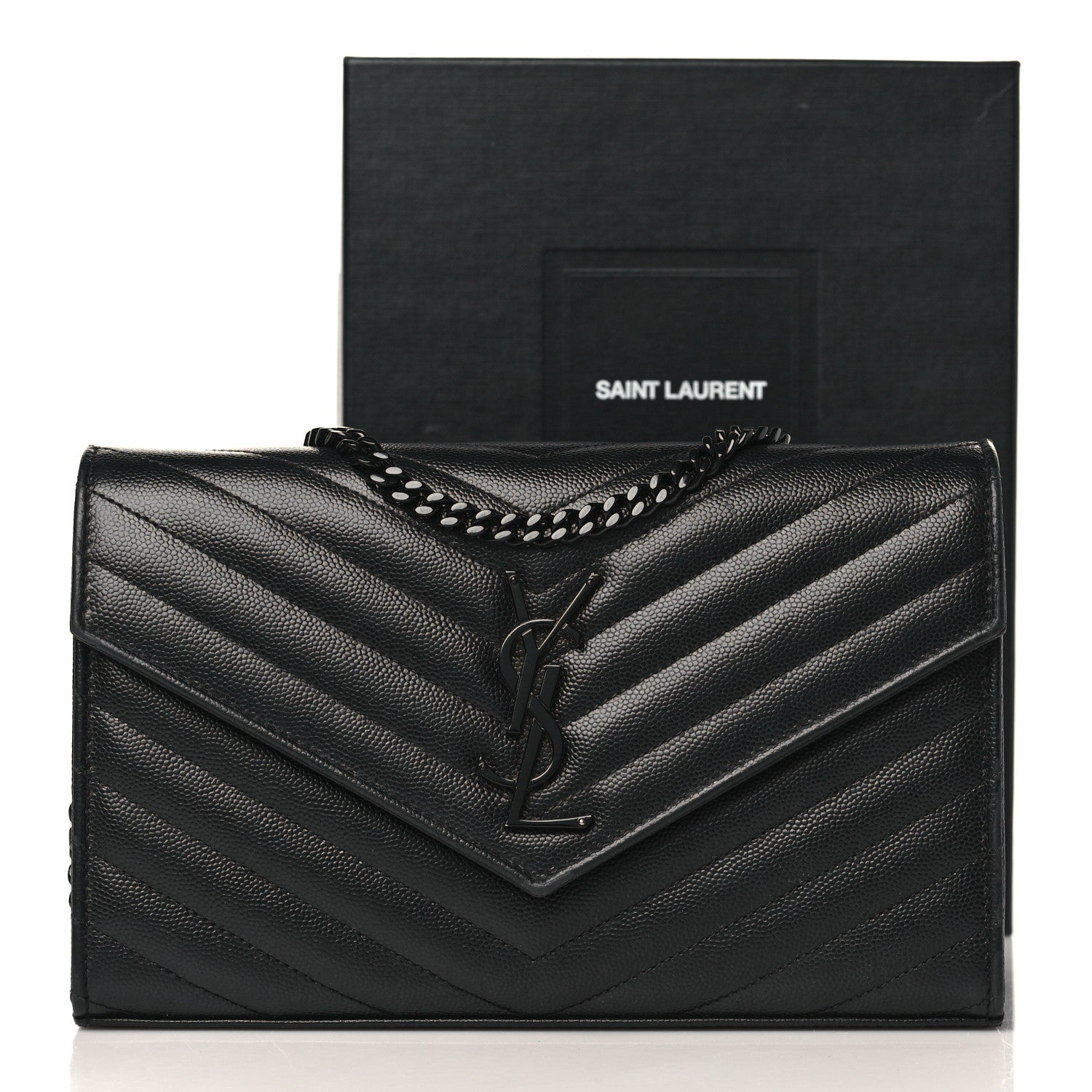 Saint Laurent Grain De Poudre Matelasse Chevron Monogram Chain Wallet Black 8 of 8