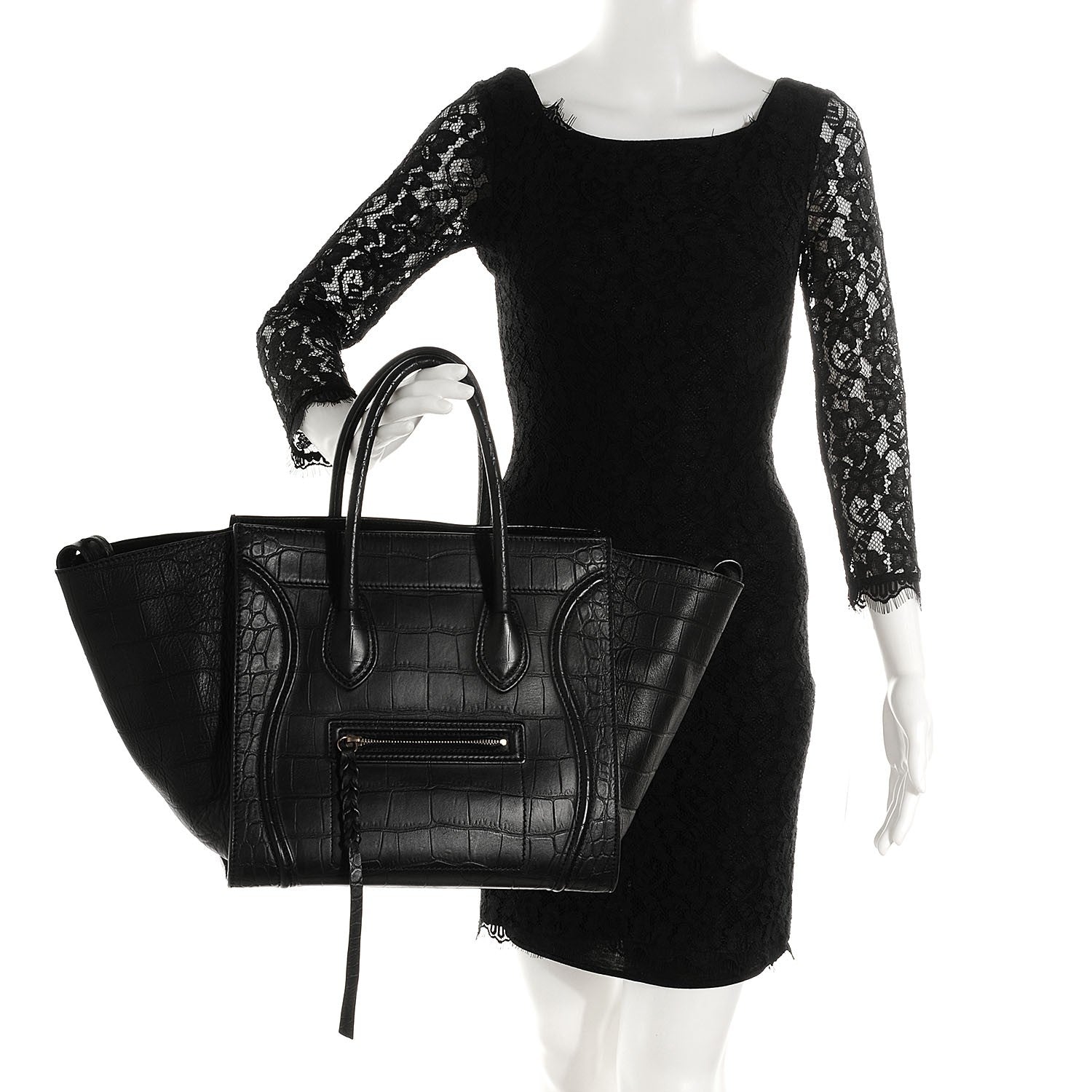 Celine Crocodile Embossed Medium Phantom Luggage Black 2 of 7